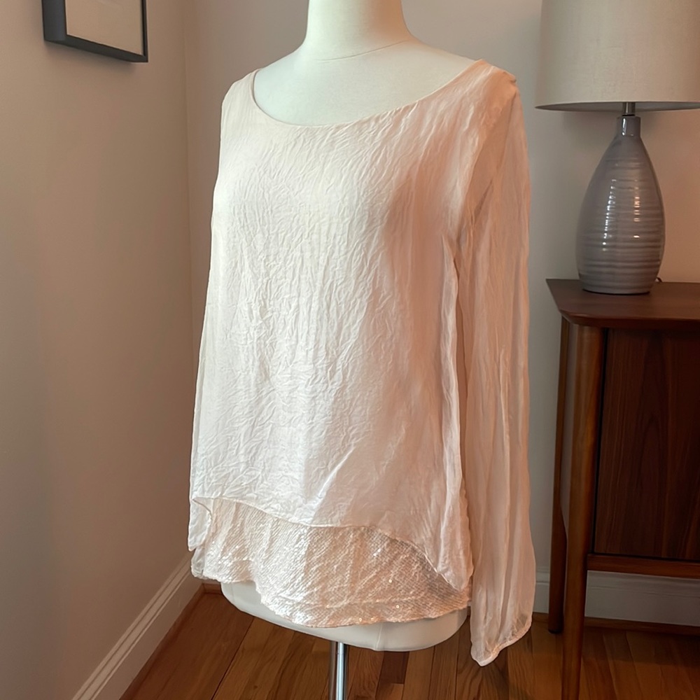 Gorgeous creamy pearl pink layered Italian blouse with sequins at base, size XS
